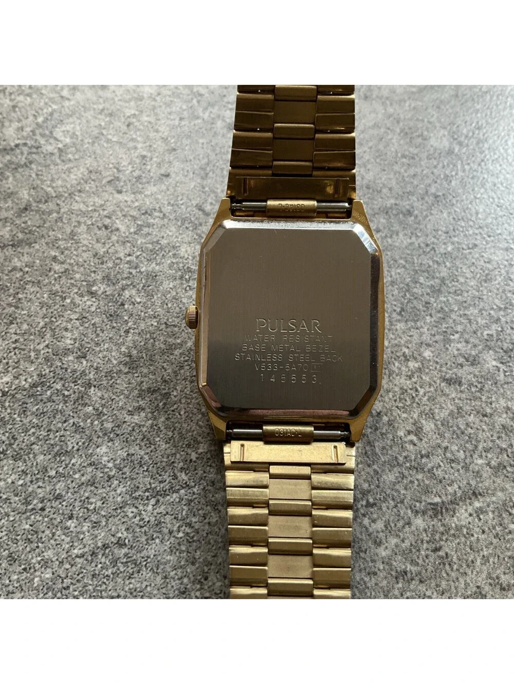 Vintage Pulsar Watch V533-5A70 28mm Gold Tone Rectangle Tank Day/Date Dial A5
